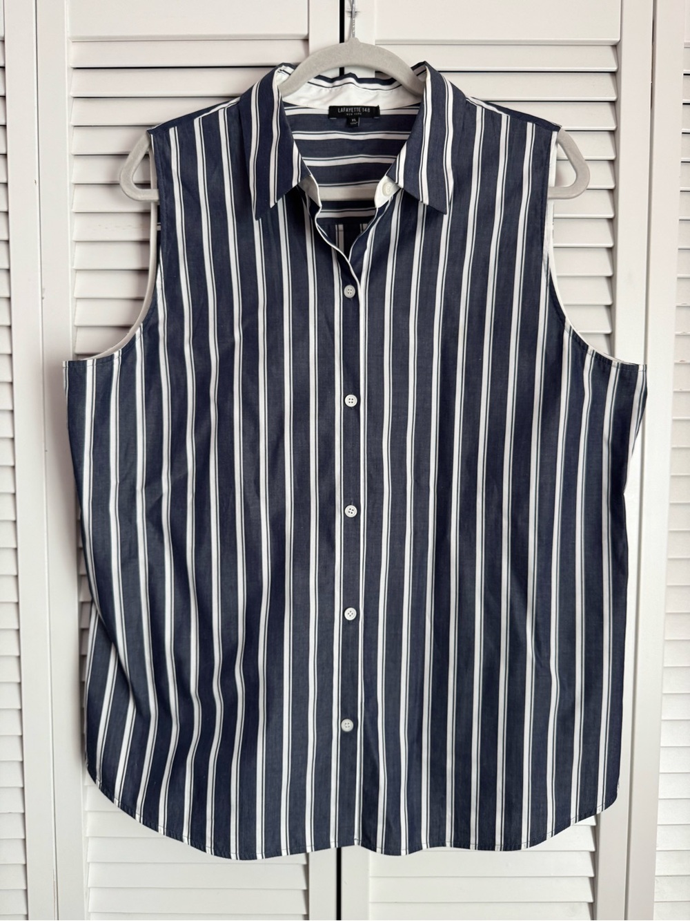 Lafayette 148 New York Cotton Sleeveless Blouse Shirt Navy White Coastal XL